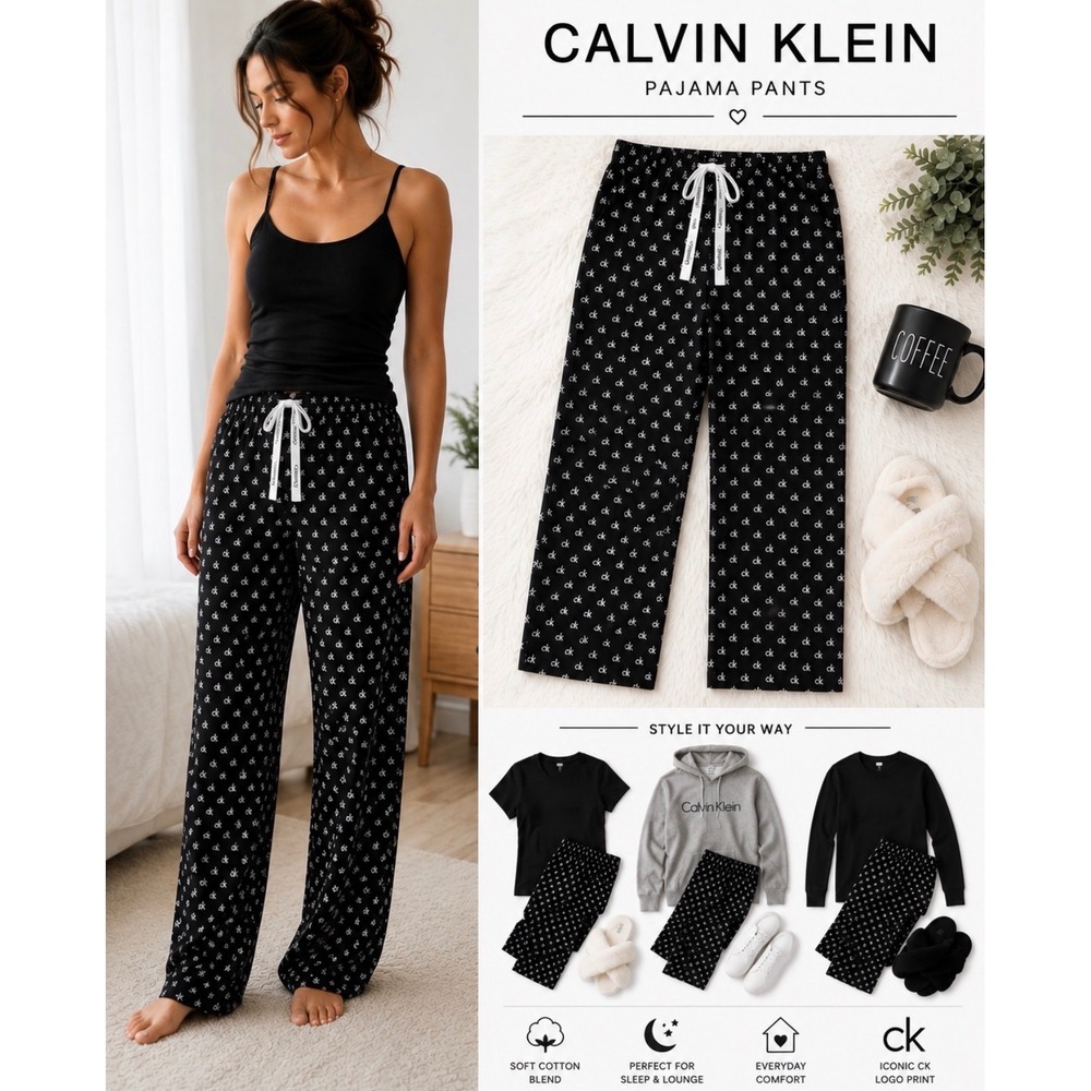 Calvin Klein Pajama Pants Womens XS Black CK Logo Print Lounge Sleepwear Classic